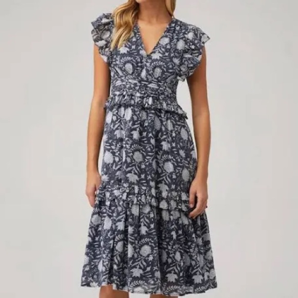 NWT Cleobella Cherie Midi Dress in Navy Block Print Size Large Boho Organic - Picture 2 of 11